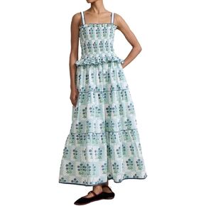 Women Floral Maxi Dress Sleeveless Smocked Ruffle Flowy Boho Sundress with Pockets Summer Vacation