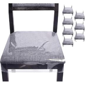 CEYAZYE 8PCS Plastic Chair Seat Covers for Dining Chairs, Clear Protector Stain Scratch Resistant PVC Waterproof Slipcovers, 18"L x 17"W x 4"H Adjustable Belt Strap Cushion Cover for Standard Chair