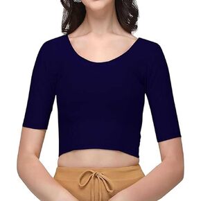 Cotton Lycra Stretchable Sari Blouse Round Neck Half Sleeve Dry Fit Workout Crop Top Gym Sports Top for Women
