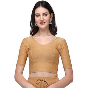 Cotton Lycra Stretchable Sari Blouse Round Neck Half Sleeve Dry Fit Workout Crop Top Gym Sports Top for Women in Saudi Arabia