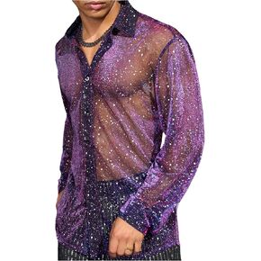 OYOANGLE Men's Sparkly Sequin Sheer Mesh Shirt Long Sleeve Button Down Party Club Tops