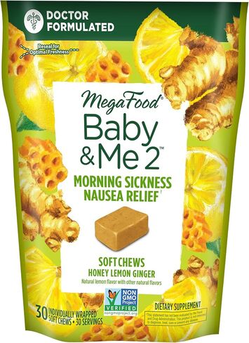MegaFood Baby & Me 2 Prenatal Morning Sickness Relief Soft Chews -With Real Ginger and Vitamin B6 - Vegetarian - Made Without 9 Food Allergens - Honey Lemon Ginger Flavor - 30 Chews in Saudi Arabia