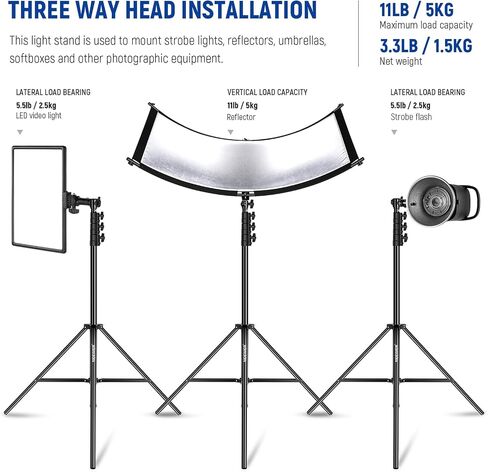 NEEWER 9.8ft/3m Air Cushioned Light Stand, Heavy Duty All Metal Photography Tripod Stand with 1/4" to 3/8" Reversible Spigot, 3 Way Mounting Interface & Metal Locking Knobs, Max Load 11lb/5kg (Black) in Saudi Arabia