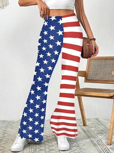 4th of July Flare Leggings Yoga Pants Women High Waist Stretch Long Palazzo Bell Bottom America Flag Leggings in Saudi Arabia