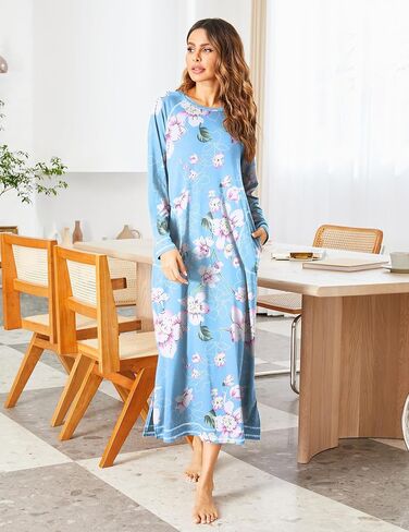 Ekouaer Nightshirt Lightshird Lightgown Round Rece Cleep ملابس نوم كاملة مع فستان Pajama مع جيوب صالة S-XXL in Saudi Arabia