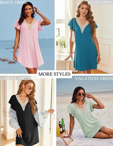 Ekouaer Nightgowns for Women Flare Short Sleeve Sleepshirt Guipure Lace V Neck Sleepwear Soft Pj Dress Night Shirt S-3XL in Saudi Arabia