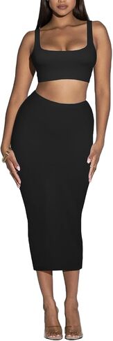مجموعة تنورة من قطعتين للسيدات - تنورات قلم رصاص طالبة في الصيف Midi Bodycon وقمصات الخزانات ، ملابس نادي الهذيان in Kuwait