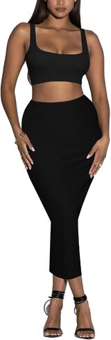 مجموعة تنورة من قطعتين للسيدات - تنورات قلم رصاص طالبة في الصيف Midi Bodycon وقمصات الخزانات ، ملابس نادي الهذيان in Kuwait