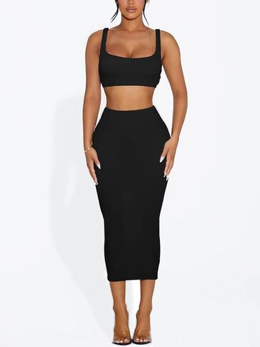 مجموعة تنورة من قطعتين للسيدات - تنورات قلم رصاص طالبة في الصيف Midi Bodycon وقمصات الخزانات ، ملابس نادي الهذيان in Kuwait
