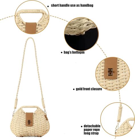 Straw Clutch Purses for Women Rattan Woven Beach Handbag Summer Purse with Detachable Strap Basket Crossbody Bag in Kuwait