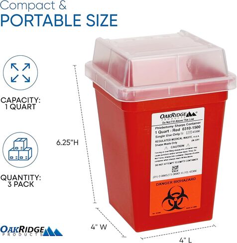Oakridge Products Sharps Container for Home Use and Professional 1 Quart (3-Pack), Biohazard Needle and Syringe Disposal, Small Portable Container for Travel, CDC Certified in Saudi Arabia