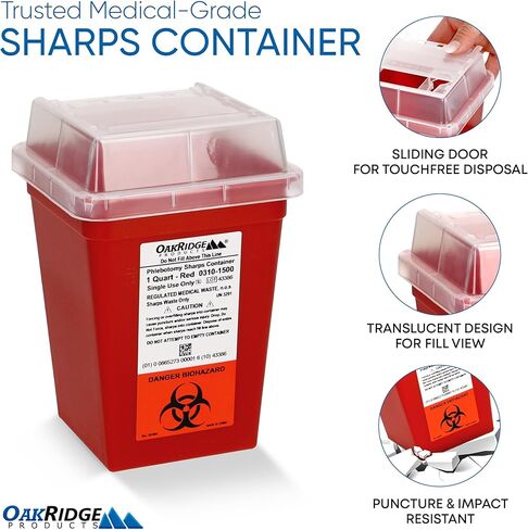 Oakridge Products Sharps Container for Home Use and Professional 1 Quart (3-Pack), Biohazard Needle and Syringe Disposal, Small Portable Container for Travel, CDC Certified in Saudi Arabia
