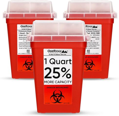 Oakridge Products Sharps Container for Home Use and Professional 1 Quart (3-Pack), Biohazard Needle and Syringe Disposal, Small Portable Container for Travel, CDC Certified in Saudi Arabia