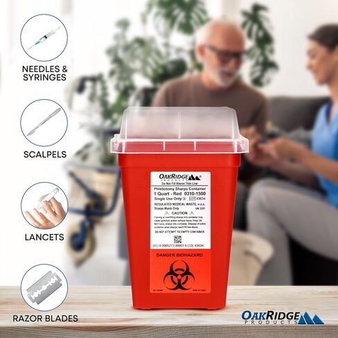 Oakridge Products Sharps Container for Home Use and Professional 1 Quart (3-Pack), Biohazard Needle and Syringe Disposal, Small Portable Container for Travel, CDC Certified in Saudi Arabia