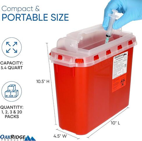 حاوية أدوات حادة شفافة للاستخدام المنزلي والمهني من منتجات أوكريدج سعة 5.4 لتر (عبوة واحدة)، إبرة وحقنة للتخلص من المخاطر البيولوجية بدون لمس، غطاء دوار، معتمدة من مركز السيطرة على الأمراض (CDC) in Kuwait