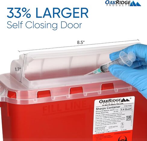 حاوية أدوات حادة شفافة للاستخدام المنزلي والمهني من منتجات أوكريدج سعة 5.4 لتر (عبوة واحدة)، إبرة وحقنة للتخلص من المخاطر البيولوجية بدون لمس، غطاء دوار، معتمدة من مركز السيطرة على الأمراض (CDC) in Kuwait