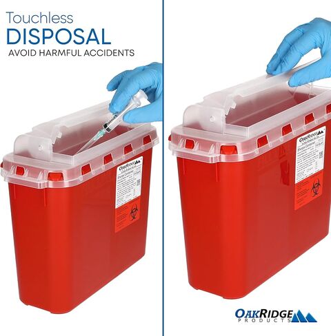 حاوية أدوات حادة شفافة للاستخدام المنزلي والمهني من منتجات أوكريدج سعة 5.4 لتر (عبوة واحدة)، إبرة وحقنة للتخلص من المخاطر البيولوجية بدون لمس، غطاء دوار، معتمدة من مركز السيطرة على الأمراض (CDC) in Kuwait