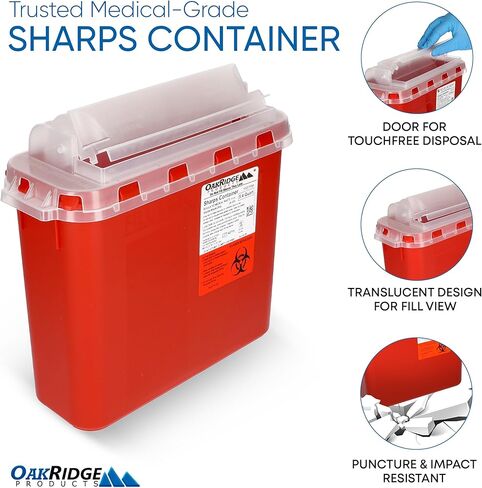 حاوية أدوات حادة شفافة للاستخدام المنزلي والمهني من منتجات أوكريدج سعة 5.4 لتر (عبوة واحدة)، إبرة وحقنة للتخلص من المخاطر البيولوجية بدون لمس، غطاء دوار، معتمدة من مركز السيطرة على الأمراض (CDC) in Kuwait