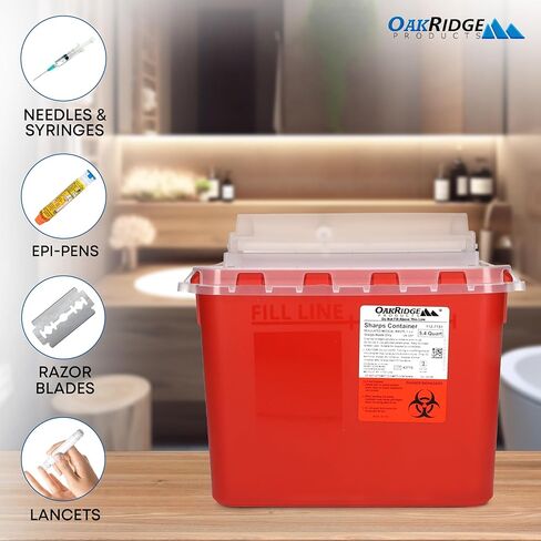 حاوية أدوات حادة شفافة للاستخدام المنزلي والمهني من منتجات أوكريدج سعة 5.4 لتر (عبوة واحدة)، إبرة وحقنة للتخلص من المخاطر البيولوجية بدون لمس، غطاء دوار، معتمدة من مركز السيطرة على الأمراض (CDC) in Kuwait