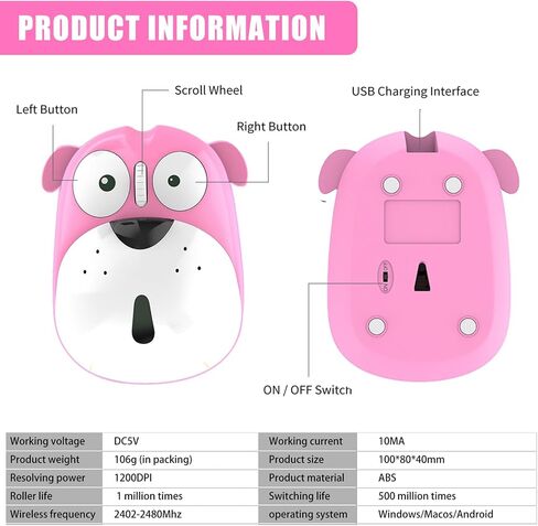 FLY WAY Cute Wireless Mouse, Cartoon Dog 2.4GHz Rechargeable Cordless Mouse with Nano USB Receiver Children Mice Kids Gaming Mouse for Notebook,Laptop,PC,Desktop (black) in Saudi Arabia