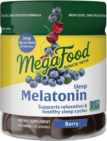 علكات الميلاتونين MegaFood - الميلاتونين 3 ملغ لكل حصة للمساعدة على الاسترخاء والنوم - علكات النوم للبالغين - نكهة التوت، غير معدلة وراثيًا، نباتي معتمد - 54 علكة (27 حصة) in Saudi Arabia