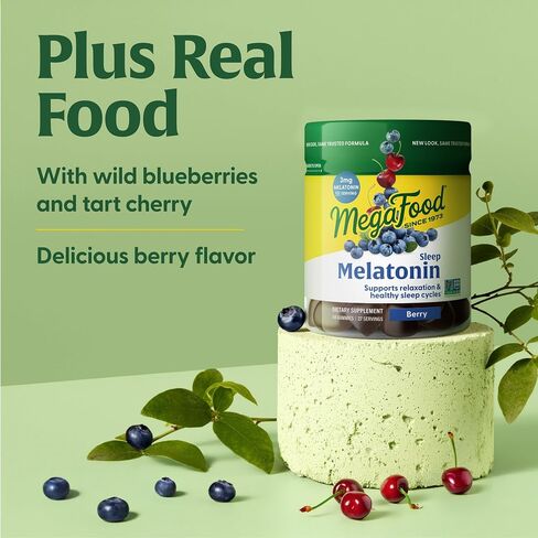 علكات الميلاتونين MegaFood - الميلاتونين 3 ملغ لكل حصة للمساعدة على الاسترخاء والنوم - علكات النوم للبالغين - نكهة التوت، غير معدلة وراثيًا، نباتي معتمد - 54 علكة (27 حصة) in Saudi Arabia