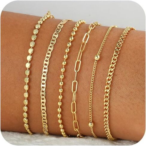 Gold Bracelets for Women ，Waterproof 14k Gold/Silver Plated Stackable Bracelet Set Non Tarnish Trendy Gold Jewelry Dainty Layered Figaro Rope Beads Paperclip Thin Link Chain Gifts for women in Kuwait