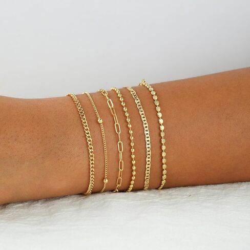 Gold Bracelets for Women ，Waterproof 14k Gold/Silver Plated Stackable Bracelet Set Non Tarnish Trendy Gold Jewelry Dainty Layered Figaro Rope Beads Paperclip Thin Link Chain Gifts for women in Kuwait