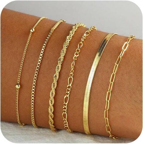 Gold Bracelets for Women ，Waterproof 14k Gold/Silver Plated Stackable Bracelet Set Non Tarnish Trendy Gold Jewelry Dainty Layered Figaro Rope Beads Paperclip Thin Link Chain Gifts for women in Kuwait