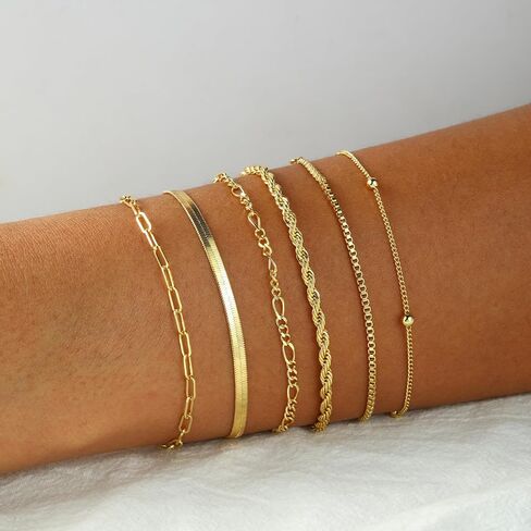 Gold Bracelets for Women ，Waterproof 14k Gold/Silver Plated Stackable Bracelet Set Non Tarnish Trendy Gold Jewelry Dainty Layered Figaro Rope Beads Paperclip Thin Link Chain Gifts for women in Kuwait