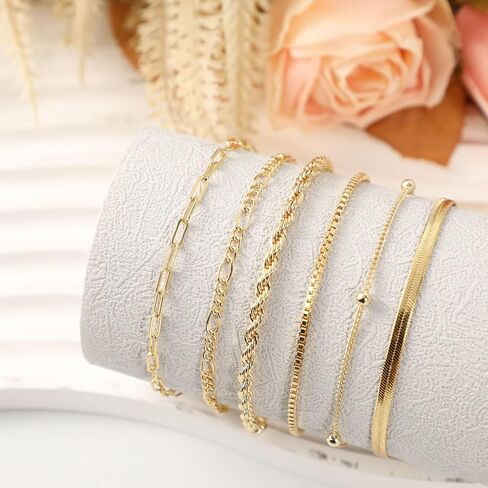 Gold Bracelets for Women ，Waterproof 14k Gold/Silver Plated Stackable Bracelet Set Non Tarnish Trendy Gold Jewelry Dainty Layered Figaro Rope Beads Paperclip Thin Link Chain Gifts for women in Kuwait