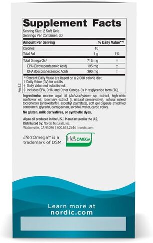 Nordic Naturals Algae Omega - 120 كبسولة هلامية ناعمة - 715 مجم أوميغا 3 - زيت الطحالب النباتية المعتمدة - EPA وDHA نباتي - صحة القلب والعين والمناعة والدماغ - غير معدلة وراثيًا - 60 حصة in Saudi Arabia