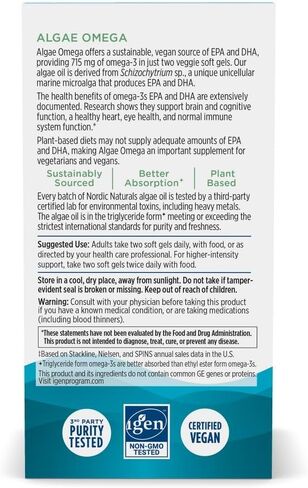 Nordic Naturals Algae Omega - 120 كبسولة هلامية ناعمة - 715 مجم أوميغا 3 - زيت الطحالب النباتية المعتمدة - EPA وDHA نباتي - صحة القلب والعين والمناعة والدماغ - غير معدلة وراثيًا - 60 حصة in Saudi Arabia