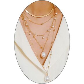 Long Gold Layered Pearl Pendant Necklace for Women, Chunky Boho Multistrand Pearls Beaded Choker Necklaces Stackable Snake Chain Statement Necklaces