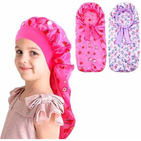 2PCS Girls Unicorn Hair Bonnet for Sleeping,Extra Long Satin Bonnet with Elastic Tie Band for Kids Braids Curly Hair
