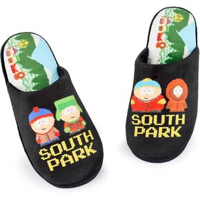 South Park Mens Slippers Slip-on Buns in Black with Cartman و Kenny و Stan & Kyle Print House Shoes Comedy Cartoon Indoor