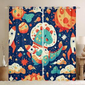 Feelyou Dinosaur Window Drapes Treatments Astronaut Dinosaur Curtains for Kids Boys Girls Outer Space Planet Window Drapes Cartoon Dinosaur Window Treatments, 52W X 84L,2 Panels
