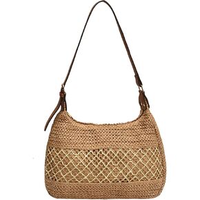 Brown Straw Beach Bags Woven Rattan Crescent Shoulder Purse for Women Summer Straw Tote Bag with Top Handle Handbag for Women