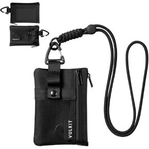 VULKIT Small RFID Wallet for Women & Men – Minimalist Zipper Wallet with ID Window, Keychain & Carabiner, Holds 15 Cards, Water Resistant Travel Lanyard Wallet Black