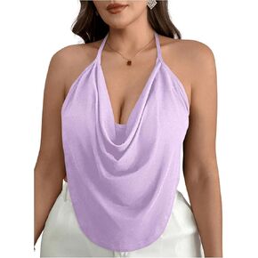 Women's Plus Size Halter Tops for Women Draped Cowl Neck Sleeveless Asymmetrical Crop Low Cut Cami Tops