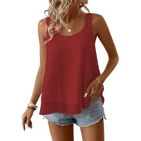 Womens Tank Tops Flowy Sleeveless Summer Boho Blouses for Women Casual Crewneck Spaghetti Strap Lace Camisole Shirts