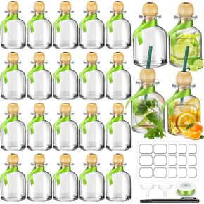 Hushee 24 Pcs Shot Glasses Patron Bottles with Cork Straw 3. 3 oz Mini Empty Tequila Bottles for Drinks Small Reusable Clear Glass Patron Shot Cups with Silk Ribbon Wedding Party Favors