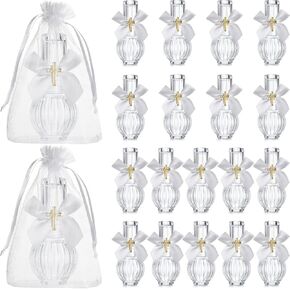 Chuangdi 20 Set Holy Catholic Water Bottles Bulk 50ml Christian Water Container Empty Glass Bottle with Cross Lapel Pin Organza Bag Ribbon Bow for Holy Communion Church Baptism Party Favor Gift