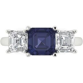3.25ct Square Emerald cut 3 stone Solitaire VVS1 Blue Sapphire Designer Anniversary Bridal Engagement Ring 14k White Gold