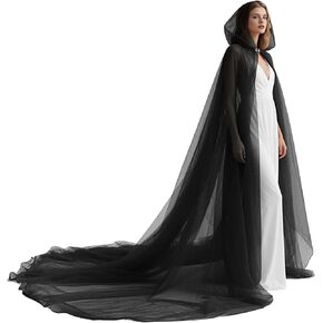 L'VOW Women Tulle Hooded Cape with Long Train Elf Cloak with Hood for Halloween Wedding Cosplay