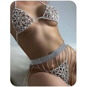 Xerling Silver Rhinestone Body Chain Bikini Set Bra Harness Chain with Panties Thong Chain Women Body Jewelry