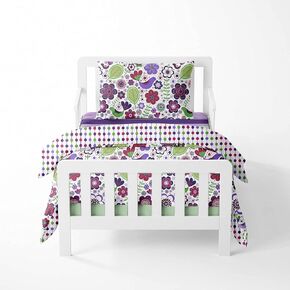 Bacati Butterflies/Ladybug Pink/Chocolate 4 Piece Girls Toddler Bedding Set, 100 Percent Cotton Includes Reversible Comforter, Fitted Sheet, Top Sheet and Pillow Case for US Standard Toddler Bed in Kuwait