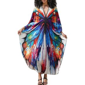 Eddoyee Kaftan Dresses for Women Long Print Caftans Swimsuit Cover Up 3/4 Sleeve Summer Beach Loungewear Dress