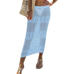 Fisoew Womens Crochet Skirt Cover Up High Waist Sheer Mesh Beach Maxi Skirts Hollow Out Knit Swimsuit Coverups