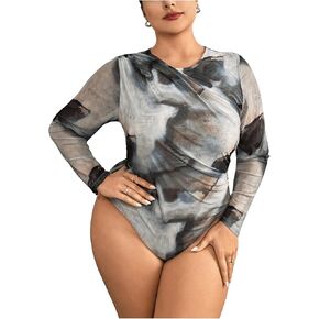 OYOANGLE Women's Plus Size Tie Dye Mesh Sheer Ruched Bodysuits Crew Neck Long Sleeve Slim Fit Leotard Tops
